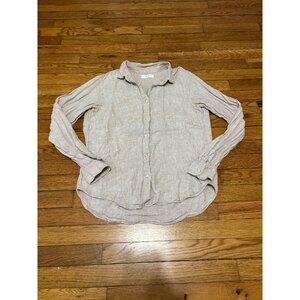 Uniqlo Womens Linen Button Up Blouse Size Small Beige Long Sleeve Shirt